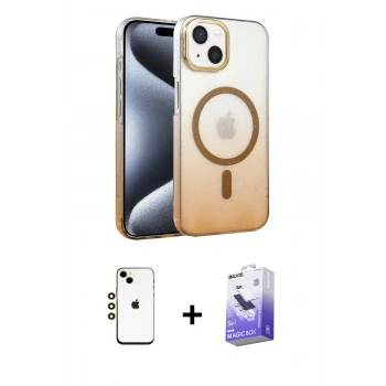 MARSİLYAN™- iPhone 14 Kılıf Ahenk Doku Özel Seri - Siyah Bilvis 5in1 5D Magic Hayalet Cam Ekran Koruyucu + Shine Kamera Lens - GD