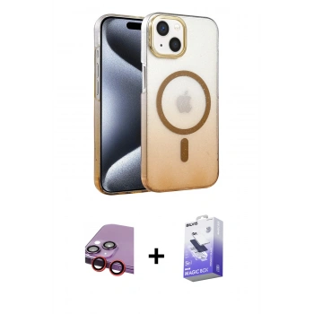 MARSİLYAN™- iPhone 14 Kılıf Ahenk Doku Özel Seri - Siyah Bilvis 5in1 5D Magic Hayalet Cam Ekran Koruyucu + Raze Metal Kamera Lens - KI