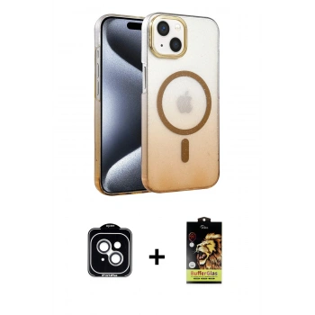MARSİLYAN™- iPhone 14 Kılıf Ahenk Doku Özel Seri - Siyah Buffer Cam Ekran Koruyucu + PVD Metal Kamera Lens - GS