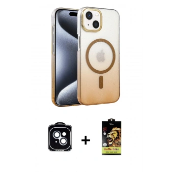MARSİLYAN™- iPhone 14 Kılıf Ahenk Doku Özel Seri - Siyah Buffer Cam Ekran Koruyucu + PVD Metal Kamera Lens - MI