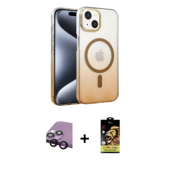 MARSİLYAN™- iPhone 14 Kılıf Ahenk Doku Özel Seri - Siyah Buffer Cam Ekran Koruyucu + Raze Metal Kamera Lens - SH