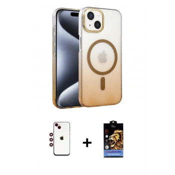 MARSİLYAN™- iPhone 14 Kılıf Ahenk Doku Özel Seri - Siyah Buffer Hayalet Cam Ekran Koruyucu + Shine Kamera Lens - KI