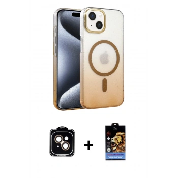 MARSİLYAN™- iPhone 14 Kılıf Ahenk Doku Özel Seri - Siyah Buffer Hayalet Cam Ekran Koruyucu + PVD Metal Kamera Lens - TU
