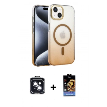 MARSİLYAN™- iPhone 14 Kılıf Ahenk Doku Özel Seri - Siyah Buffer Hayalet Cam Ekran Koruyucu + PVD Metal Kamera Lens - SH