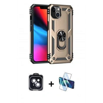 MARSİLYAN™- iPhone 14 Kılıf Ahenk Klasik Koleksiyonu - Siyah 3D Antistatik Cam Ekran Koruyucu + PVD Metal Kamera Lens - SH