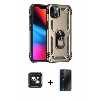 MARSİLYAN™- iPhone 14 Kılıf Ahenk Klasik Koleksiyonu - Siyah 3D Antistatik Hayalet Cam Ekran Koruyucu + PVD Metal Kamera Lens - PE