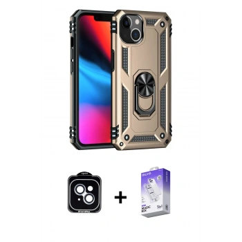 MARSİLYAN™- iPhone 14 Kılıf Ahenk Klasik Koleksiyonu - Siyah Bilvis 5in1 3D Magic Cam Ekran Koruyucu + PVD Metal Kamera Lens - MI