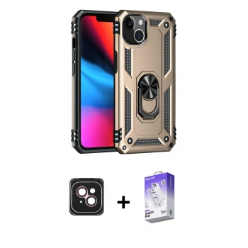 MARSİLYAN™- iPhone 14 Kılıf Ahenk Klasik Koleksiyonu - Siyah Bilvis 5in1 3D Magic Cam Ekran Koruyucu + PVD Metal Kamera Lens - PE