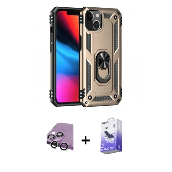 MARSİLYAN™- iPhone 14 Kılıf Ahenk Klasik Koleksiyonu - Siyah Bilvis 5in1 5D Magic Hayalet Cam Ekran Koruyucu + Raze Metal Kamera Lens - GS