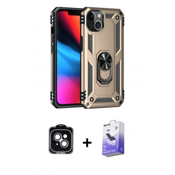 MARSİLYAN™- iPhone 14 Kılıf Ahenk Klasik Koleksiyonu - Siyah Bilvis 5in1 5D Magic Hayalet Cam Ekran Koruyucu + PVD Metal Kamera Lens - YL