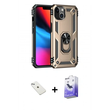 MARSİLYAN™- iPhone 14 Kılıf Ahenk Klasik Koleksiyonu - Siyah Bilvis 5in1 5D Magic Hayalet Cam Ekran Koruyucu + Diamond Kamera Lens - SABE