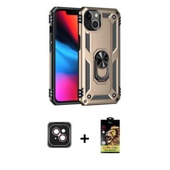 MARSİLYAN™- iPhone 14 Kılıf Ahenk Klasik Koleksiyonu - Siyah Buffer Cam Ekran Koruyucu + PVD Metal Kamera Lens - PE