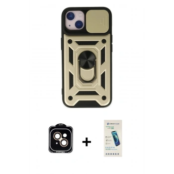 MARSİLYAN™- iPhone 14 Kılıf Ahenk Klasik - Şeffaf Pasifik Cam Ekran Koruyucu + PVD Metal Kamera Lens - TU