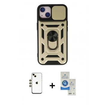 MARSİLYAN™- iPhone 14 Kılıf Ahenk Klasik - Şeffaf Royal Nano Ekran Koruyucu + Shine Kamera Lens - GD
