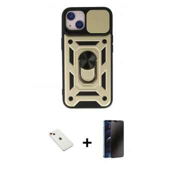 MARSİLYAN™- iPhone 14 Kılıf Ahenk Klasik - Siyah 3D Antistatik Hayalet Cam Ekran Koruyucu + Diamond Kamera Lens - KI