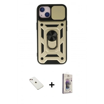 MARSİLYAN™- iPhone 14 Kılıf Ahenk Klasik - Siyah Bilvis 3D Cam Ekran Koruyucu + Diamond Kamera Lens - PE