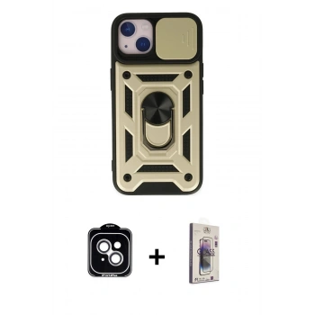 MARSİLYAN™- iPhone 14 Kılıf Ahenk Klasik - Siyah Bilvis 3D Cam Ekran Koruyucu + PVD Metal Kamera Lens - GS