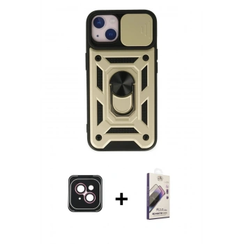 MARSİLYAN™- iPhone 14 Kılıf Ahenk Klasik - Siyah Bilvis 3D Mat Cam Ekran Koruyucu + PVD Metal Kamera Lens - PE