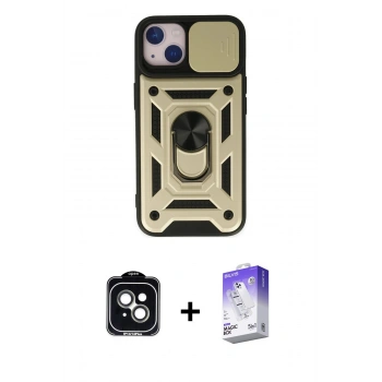 MARSİLYAN™- iPhone 14 Kılıf Ahenk Klasik - Siyah Bilvis 5in1 3D Magic Cam Ekran Koruyucu + PVD Metal Kamera Lens - YL