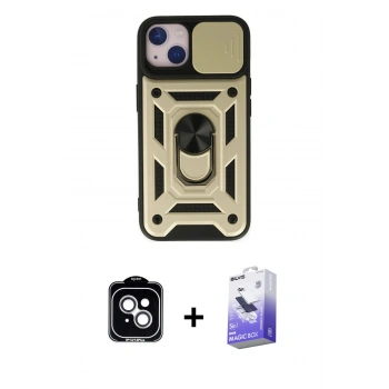 MARSİLYAN™- iPhone 14 Kılıf Ahenk Klasik - Siyah Bilvis 5in1 5D Magic Hayalet Cam Ekran Koruyucu + PVD Metal Kamera Lens - GS
