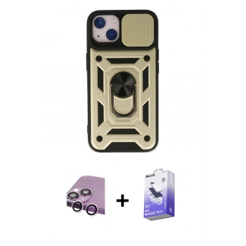 MARSİLYAN™- iPhone 14 Kılıf Ahenk Klasik - Siyah Bilvis 5in1 5D Magic Hayalet Cam Ekran Koruyucu + Raze Metal Kamera Lens - MR