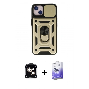 MARSİLYAN™- iPhone 14 Kılıf Ahenk Klasik - Siyah Bilvis 5in1 5D Magic Hayalet Cam Ekran Koruyucu + PVD Metal Kamera Lens - TU