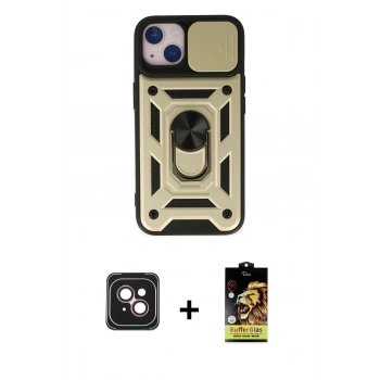 MARSİLYAN™- iPhone 14 Kılıf Ahenk Klasik - Siyah Buffer Cam Ekran Koruyucu + PVD Metal Kamera Lens - PE