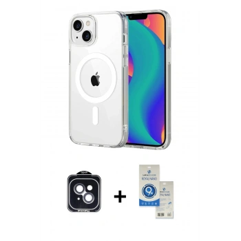 MARSİLYAN™- iPhone 14 Kılıf Ahenk Minimal Serisi - Şeffaf Royal Nano Ekran Koruyucu + PVD Metal Kamera Lens - SH