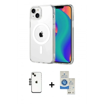 MARSİLYAN™- iPhone 14 Kılıf Ahenk Minimal Serisi - Şeffaf Royal Nano Ekran Koruyucu + Shine Kamera Lens - SH