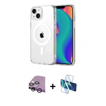 MARSİLYAN™- iPhone 14 Kılıf Ahenk Minimal Serisi - Siyah 3D Antistatik Cam Ekran Koruyucu + Raze Metal Kamera Lens - MR