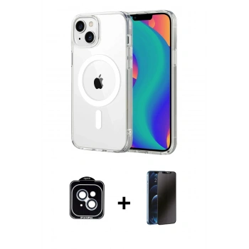 MARSİLYAN™- iPhone 14 Kılıf Ahenk Minimal Serisi - Siyah 3D Antistatik Hayalet Cam Ekran Koruyucu + PVD Metal Kamera Lens - MI