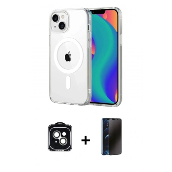 MARSİLYAN™- iPhone 14 Kılıf Ahenk Minimal Serisi - Siyah 3D Antistatik Hayalet Cam Ekran Koruyucu + PVD Metal Kamera Lens - YL