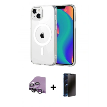 MARSİLYAN™- iPhone 14 Kılıf Ahenk Minimal Serisi - Siyah 3D Antistatik Hayalet Cam Ekran Koruyucu + Raze Metal Kamera Lens - GS