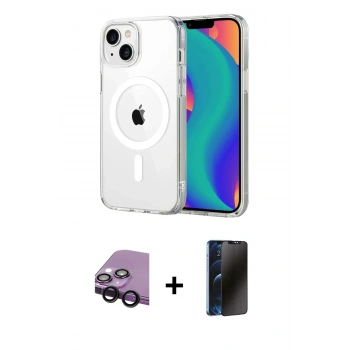 MARSİLYAN™- iPhone 14 Kılıf Ahenk Minimal Serisi - Siyah 3D Antistatik Hayalet Cam Ekran Koruyucu + Raze Metal Kamera Lens - SH