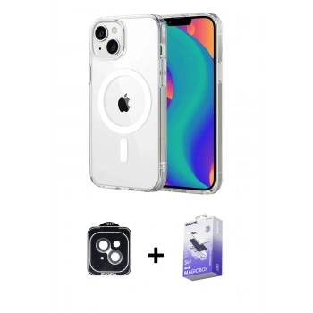 MARSİLYAN™- iPhone 14 Kılıf Ahenk Minimal Serisi - Siyah Bilvis 5in1 5D Magic Hayalet Cam Ekran Koruyucu + PVD Metal Kamera Lens - SH