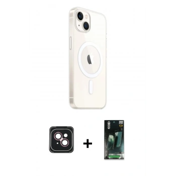 MARSİLYAN™- iPhone 14 Kılıf Ahenk Yansıma Prime - Şeffaf 360 Full Body Arka Koruyucu + PVD Metal Kamera Lens - PE