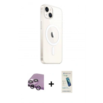 MARSİLYAN™- iPhone 14 Kılıf Ahenk Yansıma Prime - Şeffaf Pasifik Cam Ekran Koruyucu + Raze Metal Kamera Lens - MR