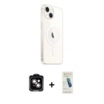 MARSİLYAN™- iPhone 14 Kılıf Ahenk Yansıma Prime - Şeffaf Pasifik Cam Ekran Koruyucu + PVD Metal Kamera Lens - TU