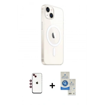 MARSİLYAN™- iPhone 14 Kılıf Ahenk Yansıma Prime - Şeffaf Royal Nano Ekran Koruyucu + Shine Kamera Lens - KI