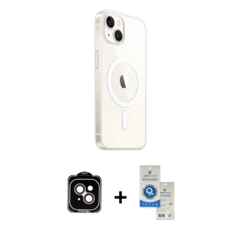 MARSİLYAN™- iPhone 14 Kılıf Ahenk Yansıma Prime - Şeffaf Royal Nano Ekran Koruyucu + PVD Metal Kamera Lens - TU