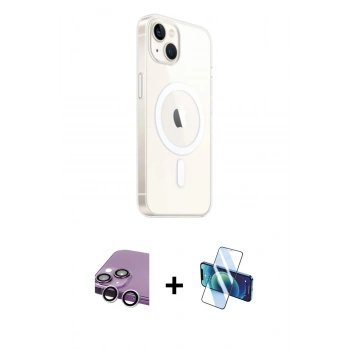 MARSİLYAN™- iPhone 14 Kılıf Ahenk Yansıma Prime - Siyah 3D Antistatik Cam Ekran Koruyucu + Raze Metal Kamera Lens - GS