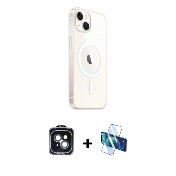 MARSİLYAN™- iPhone 14 Kılıf Ahenk Yansıma Prime - Siyah 3D Antistatik Cam Ekran Koruyucu + PVD Metal Kamera Lens - SH