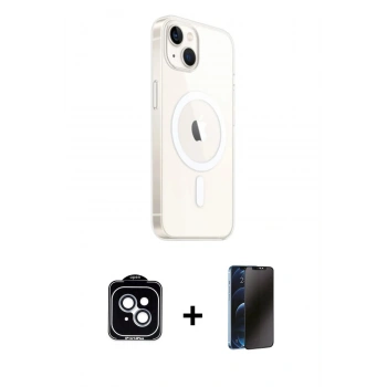 MARSİLYAN™- iPhone 14 Kılıf Ahenk Yansıma Prime - Siyah 3D Antistatik Hayalet Cam Ekran Koruyucu + PVD Metal Kamera Lens - MI