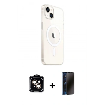 MARSİLYAN™- iPhone 14 Kılıf Ahenk Yansıma Prime - Siyah 3D Antistatik Hayalet Cam Ekran Koruyucu + PVD Metal Kamera Lens - TU
