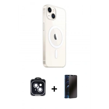 MARSİLYAN™- iPhone 14 Kılıf Ahenk Yansıma Prime - Siyah 3D Antistatik Hayalet Cam Ekran Koruyucu + PVD Metal Kamera Lens - SH