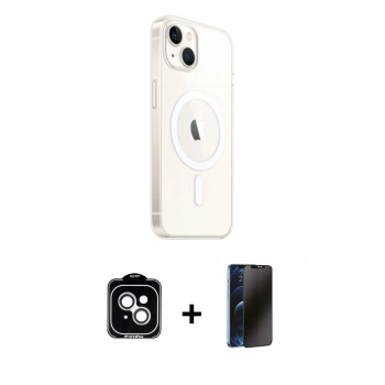MARSİLYAN™- iPhone 14 Kılıf Ahenk Yansıma Prime - Siyah 3D Antistatik Hayalet Cam Ekran Koruyucu + PVD Metal Kamera Lens - GS