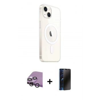 MARSİLYAN™- iPhone 14 Kılıf Ahenk Yansıma Prime - Siyah 3D Antistatik Hayalet Cam Ekran Koruyucu + Raze Metal Kamera Lens - GS