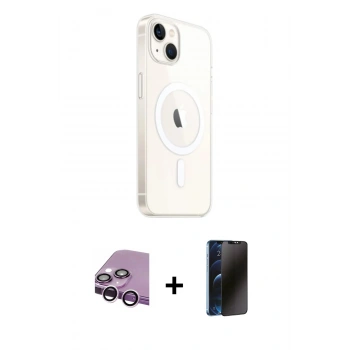 MARSİLYAN™- iPhone 14 Kılıf Ahenk Yansıma Prime - Siyah 3D Antistatik Hayalet Cam Ekran Koruyucu + Raze Metal Kamera Lens - MR