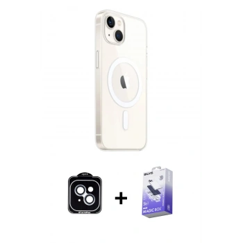 MARSİLYAN™- iPhone 14 Kılıf Ahenk Yansıma Prime - Siyah Bilvis 5in1 5D Magic Hayalet Cam Ekran Koruyucu + PVD Metal Kamera Lens - MI
