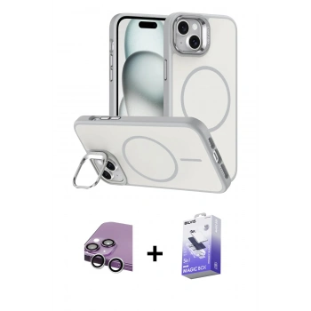 MARSİLYAN™- iPhone 14 Kılıf Çekirdek Klasik - Siyah Bilvis 5in1 5D Magic Hayalet Cam Ekran Koruyucu + Raze Metal Kamera Lens - GS